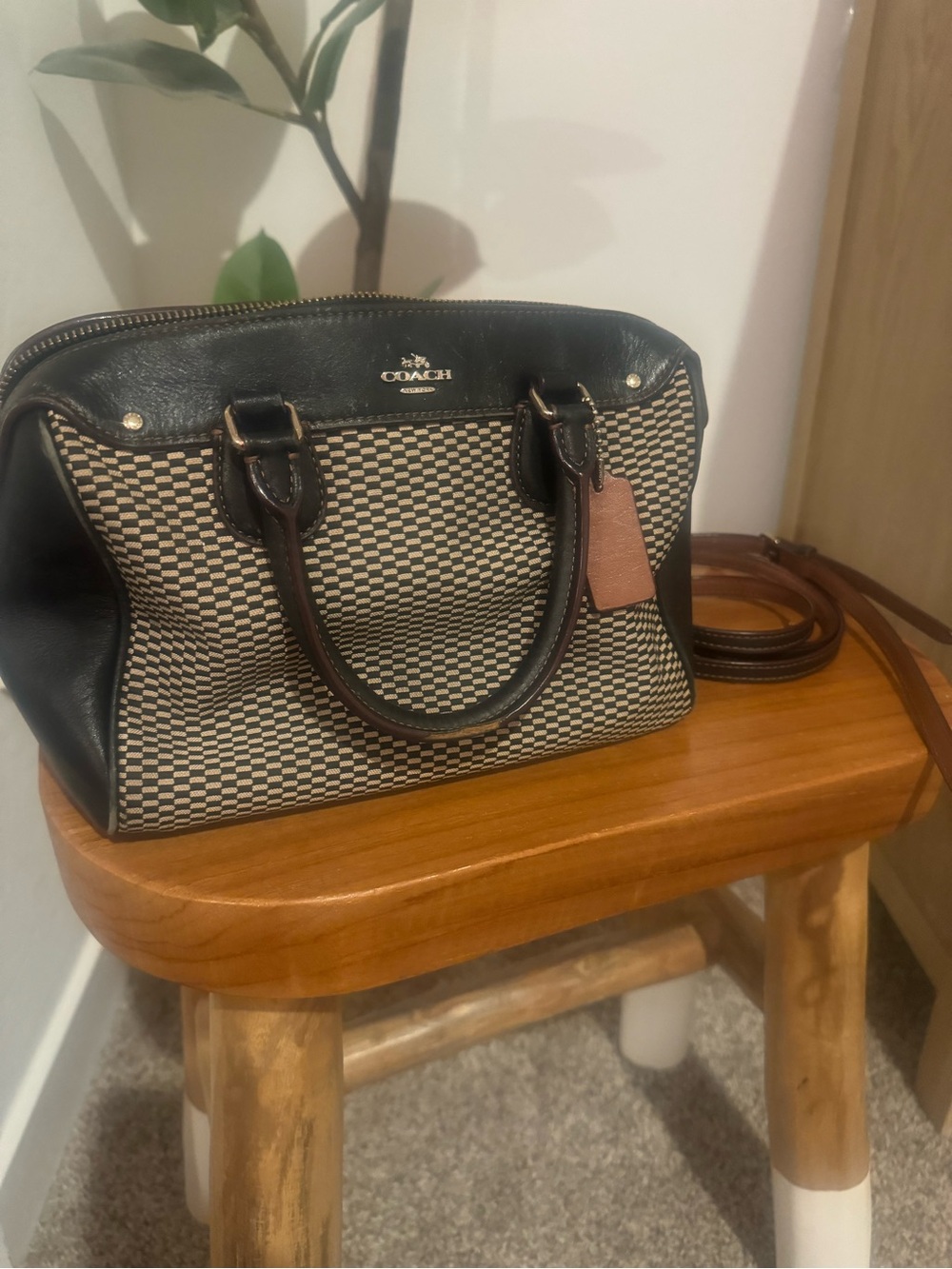 Coach Black Trim Beige Patterned Crossbody Satchel with Brown Tag